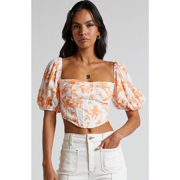 Showpo Women’s FAYELLA TOP PUFF SLEEVE CORSET BODICE TOP IN ORANGE PALM 8 NWT - Picture 1 of 6